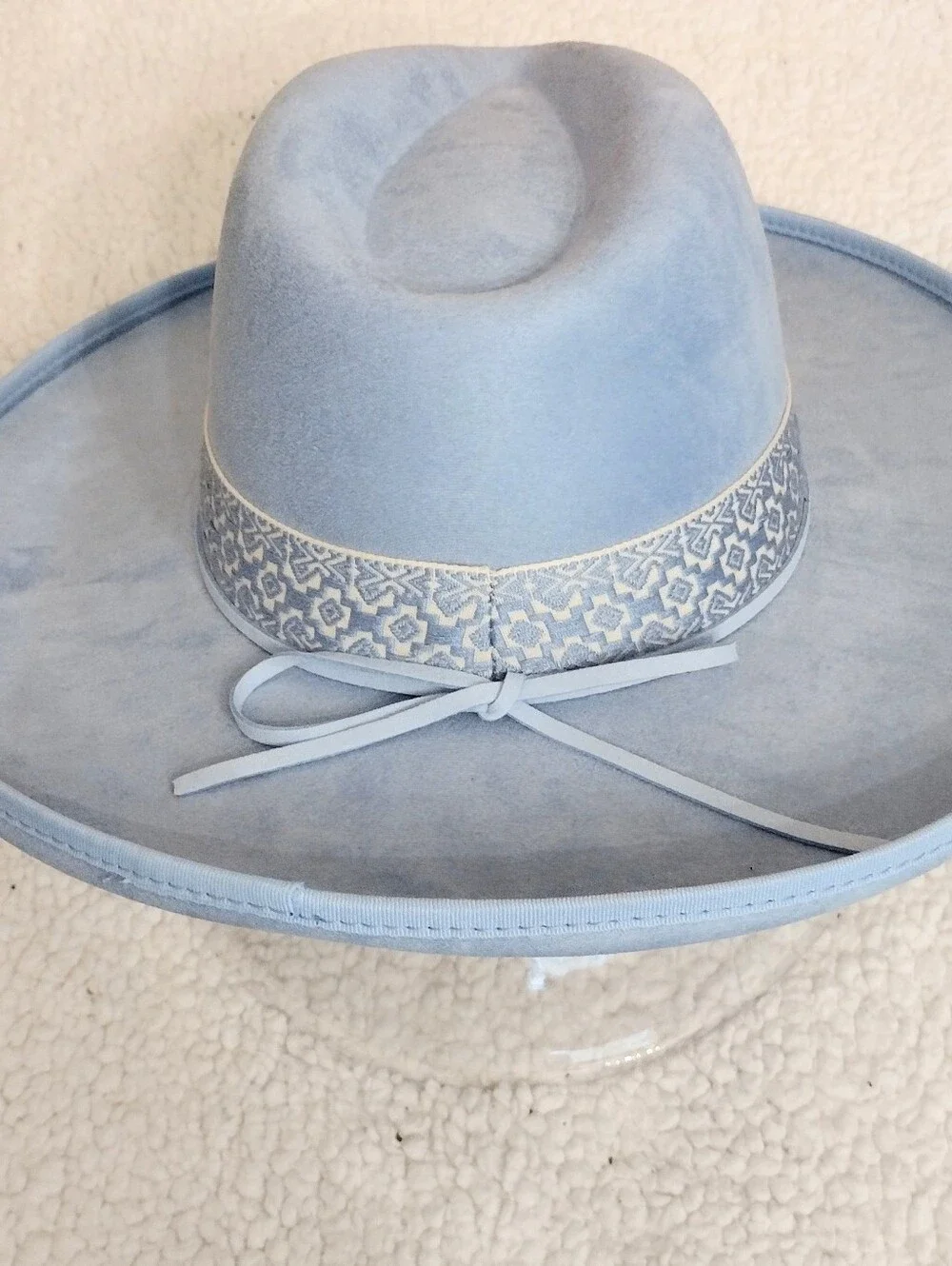 Women's Wide Brim Embroidered Band . Hat in Light Blue